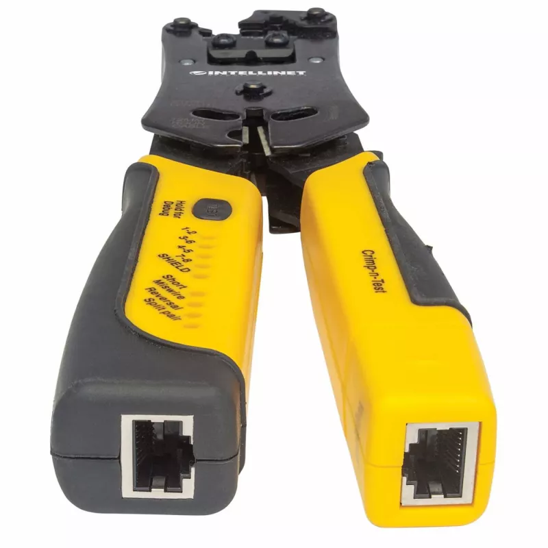 Intellinet Universal Modular Plug Crimping Tool and kabelis Tester, 2-in-1 Crimper and kabelis Tester: Cuts, Strips, Terminates and Tests, RJ45/RJ11/RJ12/RJ22