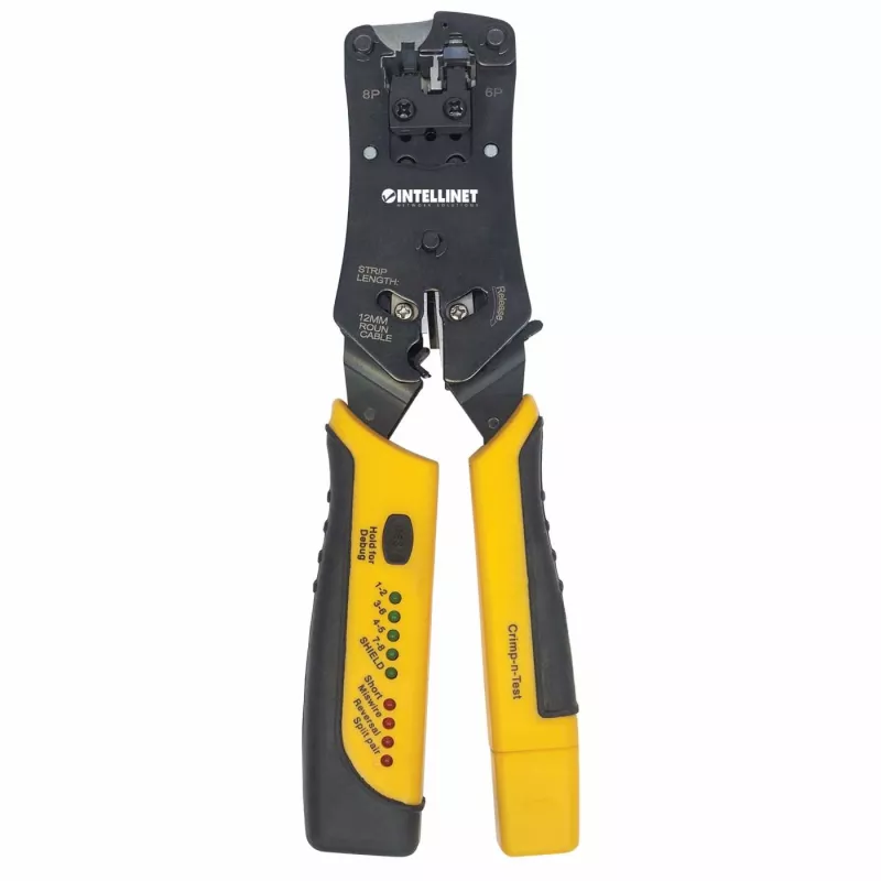 Intellinet Universal Modular Plug Crimping Tool and kabelis Tester, 2-in-1 Crimper and kabelis Tester: Cuts, Strips, Terminates and Tests, RJ45/RJ11/RJ12/RJ22