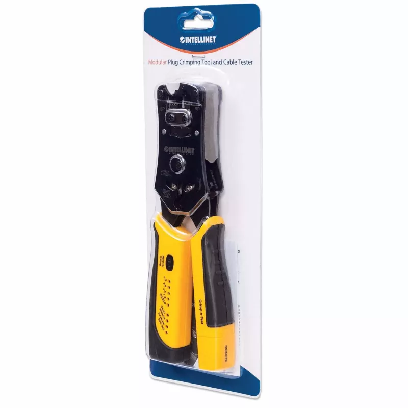 Intellinet Universal Modular Plug Crimping Tool and kabelis Tester, 2-in-1 Crimper and kabelis Tester: Cuts, Strips, Terminates and Tests, RJ45/RJ11/RJ12/RJ22