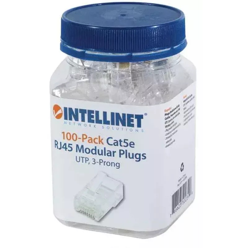 Intellinet RJ45 moduliniai kištukai, Cat5e, UTP, 3 dantukai, kietajam laidininkui, 15 µ auksuoti kontaktai, 100 vnt. pakuotė