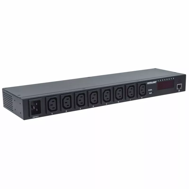 Intellinet 19 inch išmanusis 8 prievadų PDU, 19 inch montuojamas į stovą C13 išmanusis maitinimo paskirstymo įrenginys; stebi galią, temperatūrą ir drėgmę