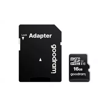 MicroSDHC atminties kortelė GOODRAM 16 GB Class 10 UHS-I (U1), skaitymas 100 MB/s, rašymas 10 MB/s, apsaugota nuo magnetų, su SD adapteriu