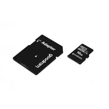 MicroSDHC atminties kortelė GOODRAM 16 GB Class 10 UHS-I (U1), skaitymas 100 MB/s, rašymas 10 MB/s, apsaugota nuo magnetų, su SD adapteriu