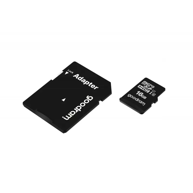 MicroSDHC atminties kortelė GOODRAM 16 GB Class 10 UHS-I (U1), skaitymas 100 MB/s, rašymas 10 MB/s, apsaugota nuo magnetų, su SD adapteriu