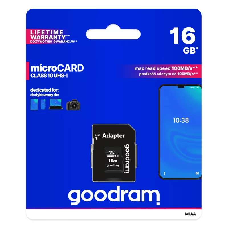 MicroSDHC atminties kortelė GOODRAM 16 GB Class 10 UHS-I (U1), skaitymas 100 MB/s, rašymas 10 MB/s, apsaugota nuo magnetų, su SD adapteriu