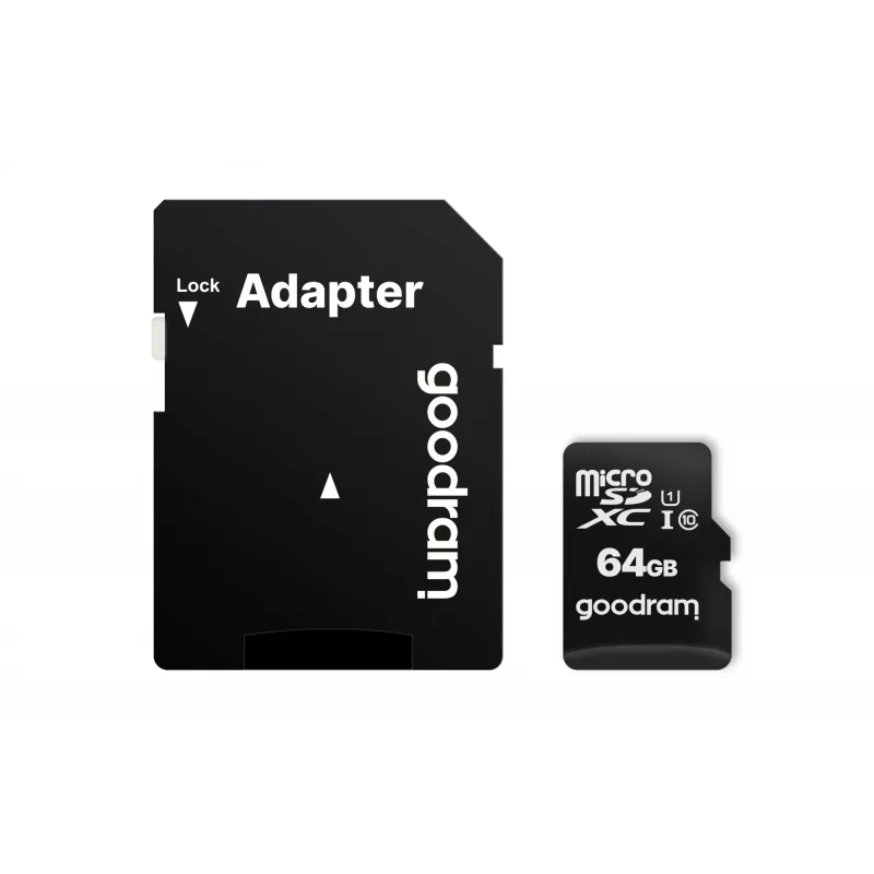 MicroSDXC atminties kortelė GOODRAM 64GB UHS-I Class 10 (U1), skaitymo greitis 100 MB/s, rašymo greitis 10 MB/s, su SD adapteriu, juoda