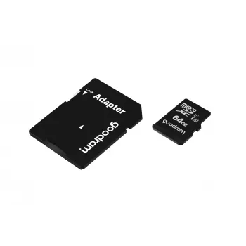 MicroSDXC atminties kortelė GOODRAM 64GB UHS-I Class 10 (U1), skaitymo greitis 100 MB/s, rašymo greitis 10 MB/s, su SD adapteriu, juoda