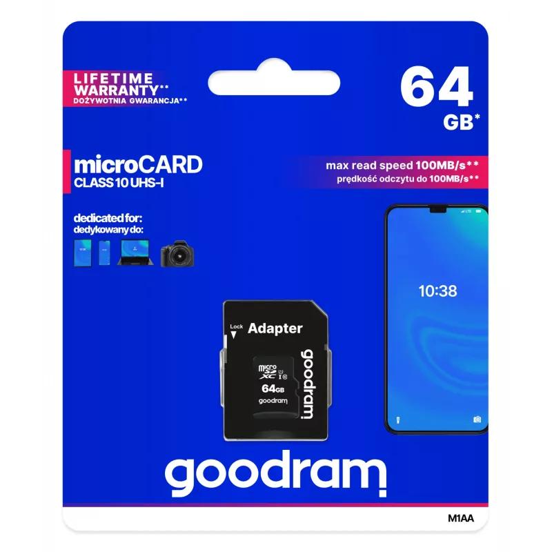 MicroSDXC atminties kortelė GOODRAM 64GB UHS-I Class 10 (U1), skaitymo greitis 100 MB/s, rašymo greitis 10 MB/s, su SD adapteriu, juoda