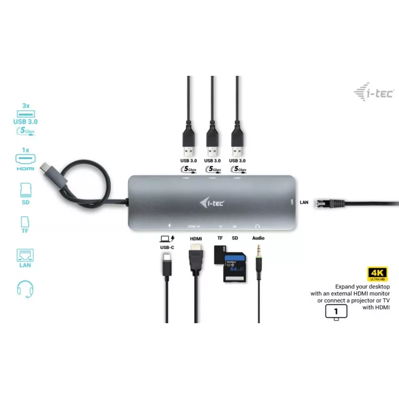 Dokavimo stotelė i-tec Metal USB-C Nano Docking Station 4K HDMI LAN Power Delivery 100 W