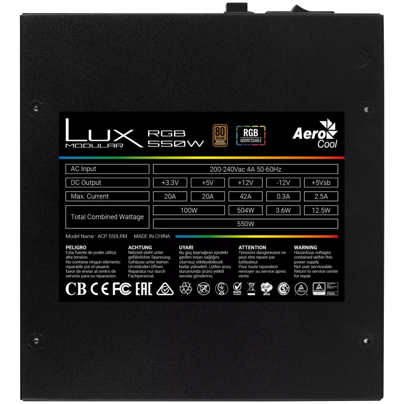 Aerocool LUXRGB550M RGB modulinis kompiuterio maitinimo šaltinis 550W 80Plus Bronze 230V juodos spalvos