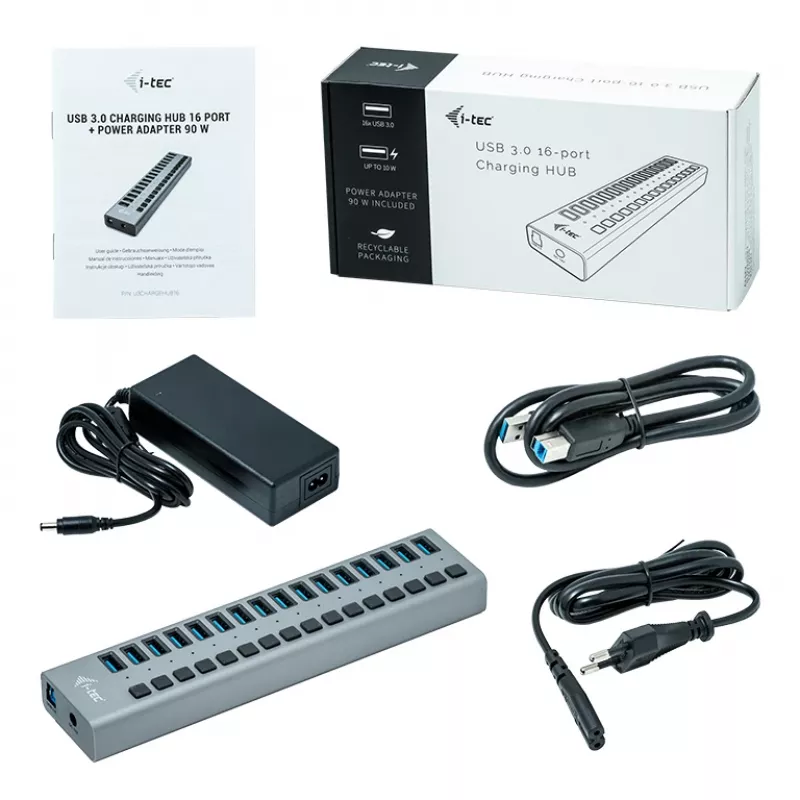 i-tec USB 3.0 įkrovimo šakotuvas 16 prievadų + maitinimo adapteris 90 W
