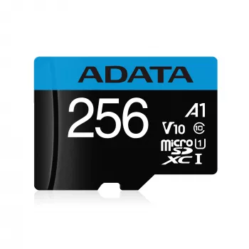 ADATA MicroSDXC atminties kortelė 256 GB UHS‑I Class 10 V10 (skaitymas 100 MB/s, rašymas 25 MB/s) su SD adapteriu