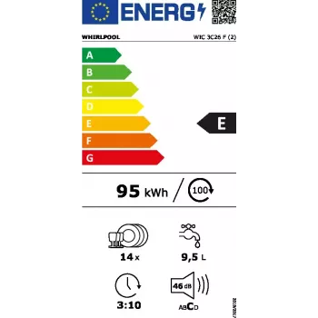 Semi built-in indaplovė WHIRLPOOL WIC 3C26 F — 60 cm, 14 komplektų, 46 dB, energijos klasė E