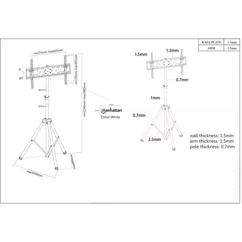 Manhattan Tripod Floor Mount for TV & Monitors, Stand Assembly, For screens: 37 inch to 65 inch, VESA compatibility: all between 200x200 to 600x400mm - check the dimensions of the four mounting holes on back of screen to ensure it fits, Max 35kg, Juoda, LFD, Bracket