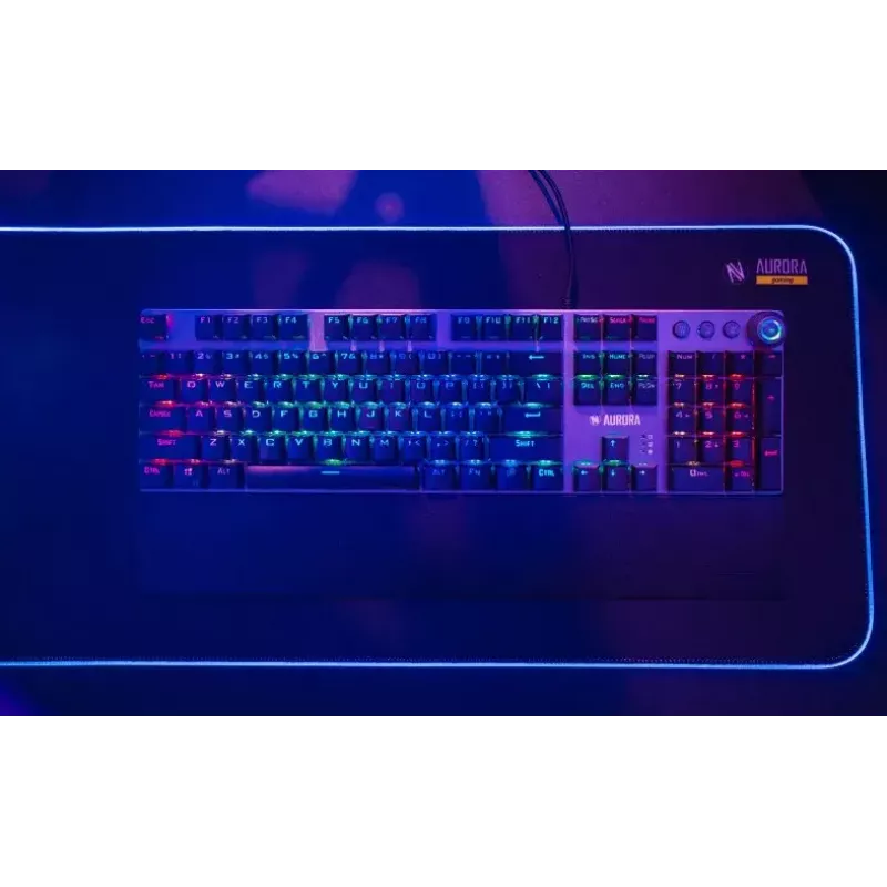 Laidinė mechaninė žaidimų klaviatūra IBOX AURORA K-4 — QWERTY, 108 klavišai, reguliuojamas LED foninis apšvietimas, atspari vandeniui, USB, 1,6 m laidas