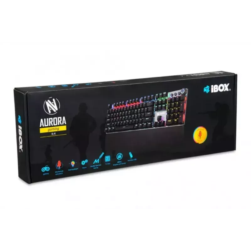 Laidinė mechaninė žaidimų klaviatūra IBOX AURORA K-4 — QWERTY, 108 klavišai, reguliuojamas LED foninis apšvietimas, atspari vandeniui, USB, 1,6 m laidas