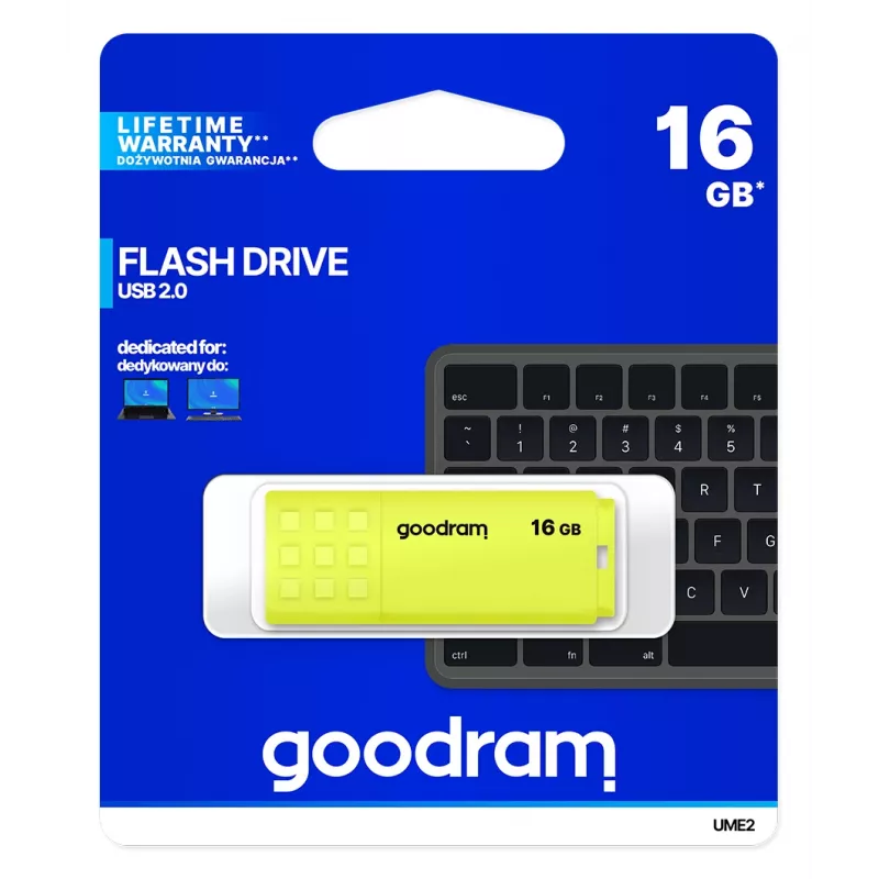 USB atmintukas GOODRAM UME2 16 GB, USB 2.0 Type-A, geltonas, 51×21 mm