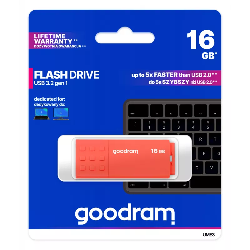 USB atmintukas GOODRAM UME3 16 GB USB Type-A 3.2 Gen 1 (oranžinė), 60/20 MB/s, bekepurėlis plastikinis korpusas