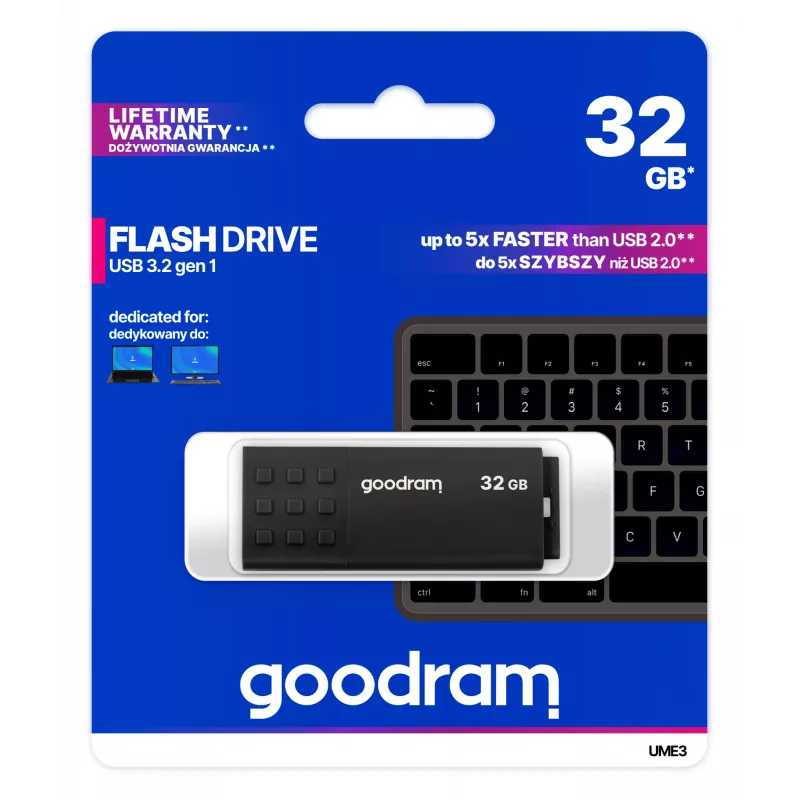 USB atmintukas GOODRAM UME3 32 GB, USB Type-A 3.2 Gen 1, juodas, 51×21×9,6 mm