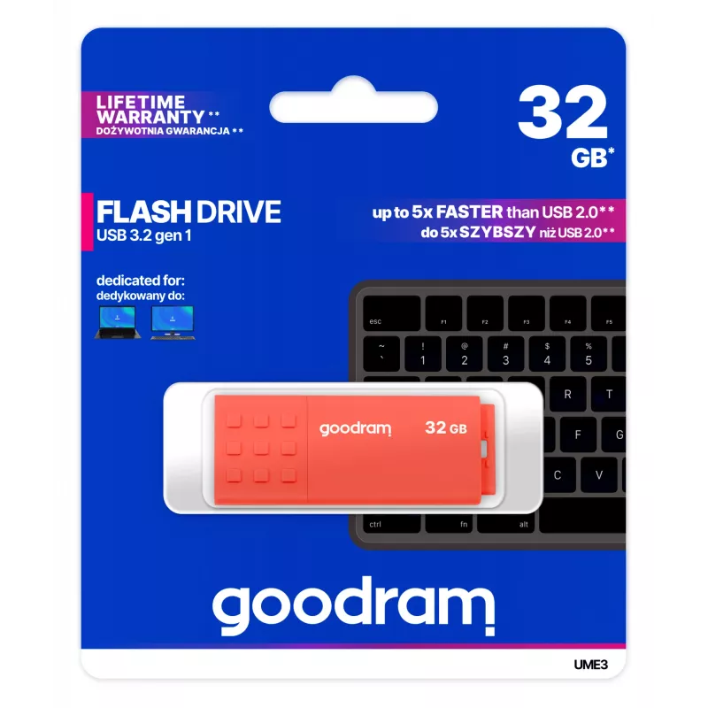USB atmintukas GOODRAM UME3 32GB USB Type-A 3.2 Gen 1, oranžinis, 59,6×20,6×9,2 mm