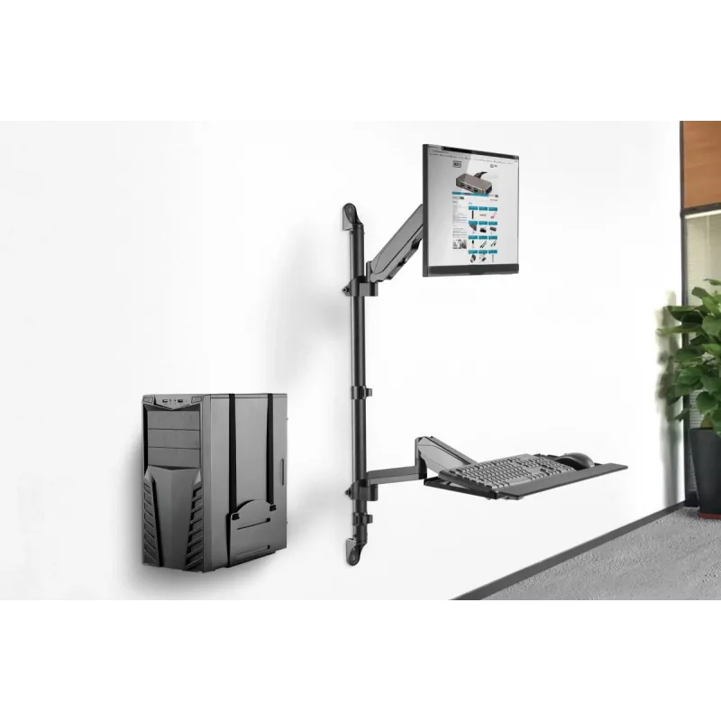DIGITUS sėdimos-stovimos darbo vietos sieninė tvirtinimo sistema vienam monitoriui, juoda, maks. apkrova: 1–8 kg, maks. ekrano dydis: 17–32 colių