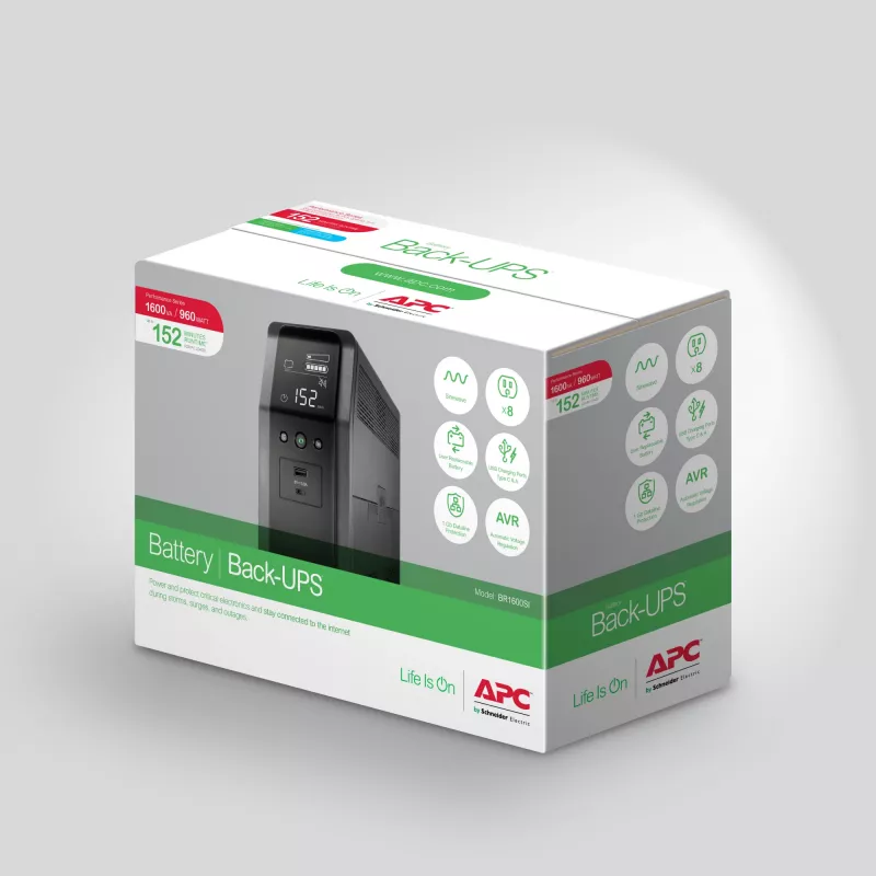 APC Back-UPS Pro, 1600VA/960W, Tower, 230V, 8x IEC C13 lizdai, sinusinė banga, AVR, USB A ir C prievadai, LCD, keičiama baterija