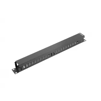 Kabelių valdymo skydelis LANBERG AK-1201-B — 1U metalinis, 19 colių (48,3 cm), gylis 67,5 mm, juodas