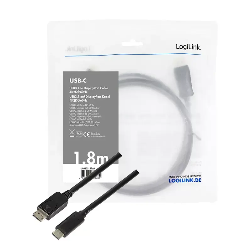 Vaizdo kabelio adapteris LogiLink UA0335 1,8 m USB Type-C DisplayPort juodas