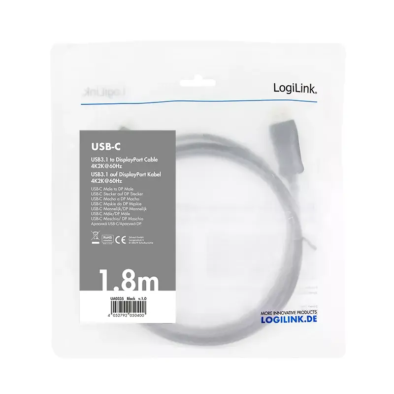 Vaizdo kabelio adapteris LogiLink UA0335 1,8 m USB Type-C DisplayPort juodas