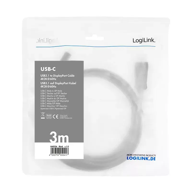 Vaizdo kabelio adapteris LogiLink UA0336 3 m USB Type-C DisplayPort juodas