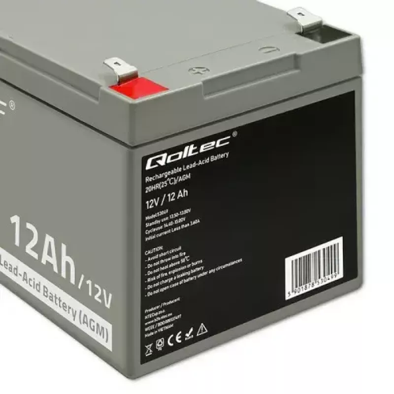 UPS baterija QOLTEC 53049, VRLA AGM 12 V 12 Ah, pilka, 150×98×95 mm