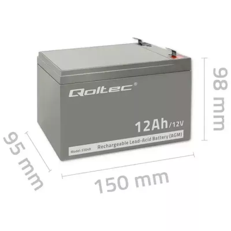 UPS baterija QOLTEC 53049, VRLA AGM 12 V 12 Ah, pilka, 150×98×95 mm