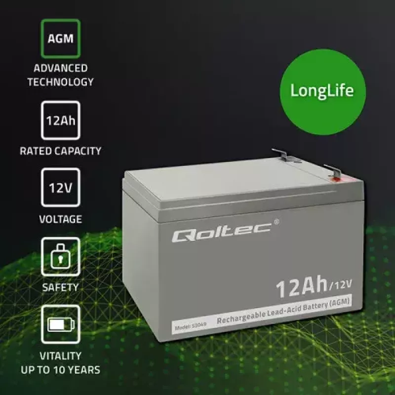 UPS baterija QOLTEC 53049, VRLA AGM 12 V 12 Ah, pilka, 150×98×95 mm