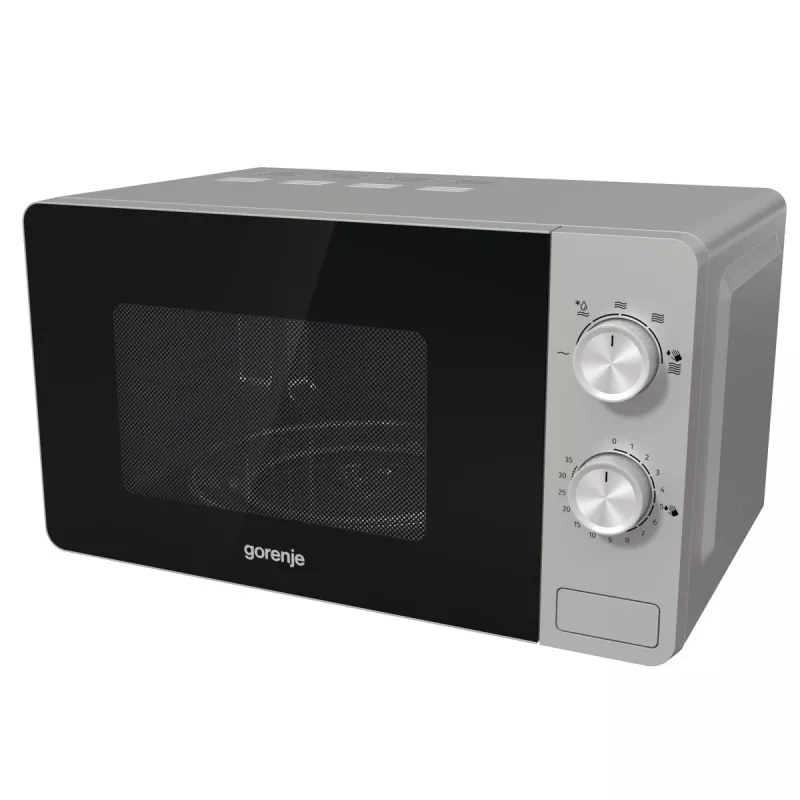 Solo mikrobangų krosnelė Gorenje MO20E1S — 20 L, 800 W, sukamasis valdymas, 270 mm sukamoji lėkštė, nerūdijantis plienas/juoda