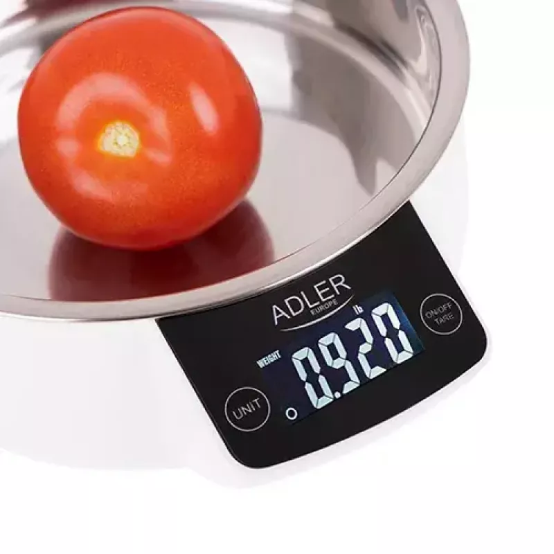 Elektroninės virtuvinės svarstyklės Adler AD 3166 – 5 kg talpa, 1 g tikslumas, nerūdijančio plieno dubuo 0,9 l, LCD, laikmatis