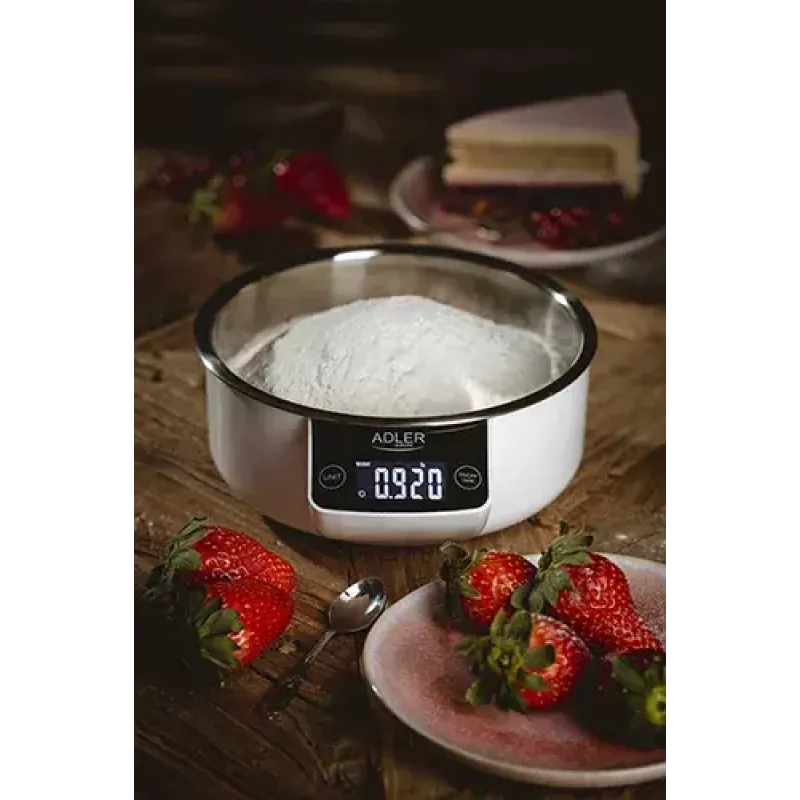 Elektroninės virtuvinės svarstyklės Adler AD 3166 – 5 kg talpa, 1 g tikslumas, nerūdijančio plieno dubuo 0,9 l, LCD, laikmatis