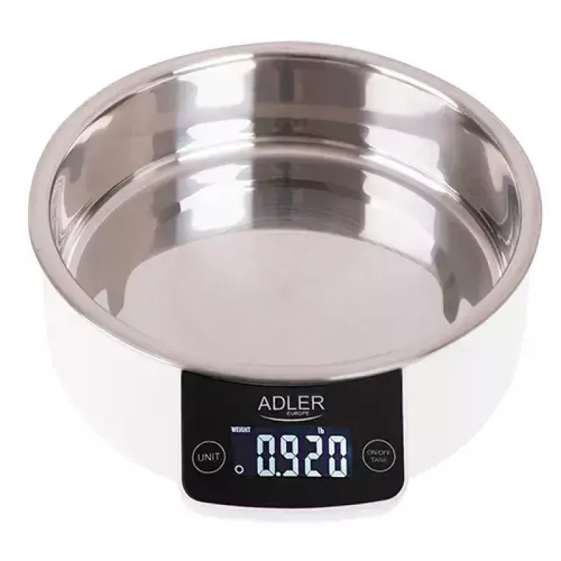 Elektroninės virtuvinės svarstyklės Adler AD 3166 – 5 kg talpa, 1 g tikslumas, nerūdijančio plieno dubuo 0,9 l, LCD, laikmatis