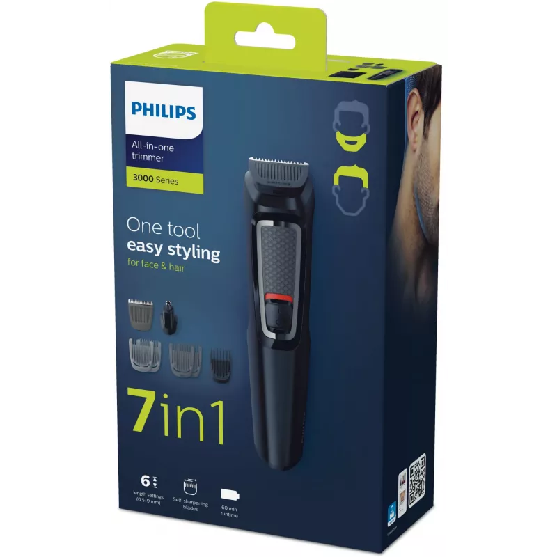 Multigroom kirpimo mašinėlė Philips MG3720/15 7 viename — 7 šukos, nerūdijančio plieno peiliukai, 60 min veikimo laikas, NiMH įkraunama, juoda