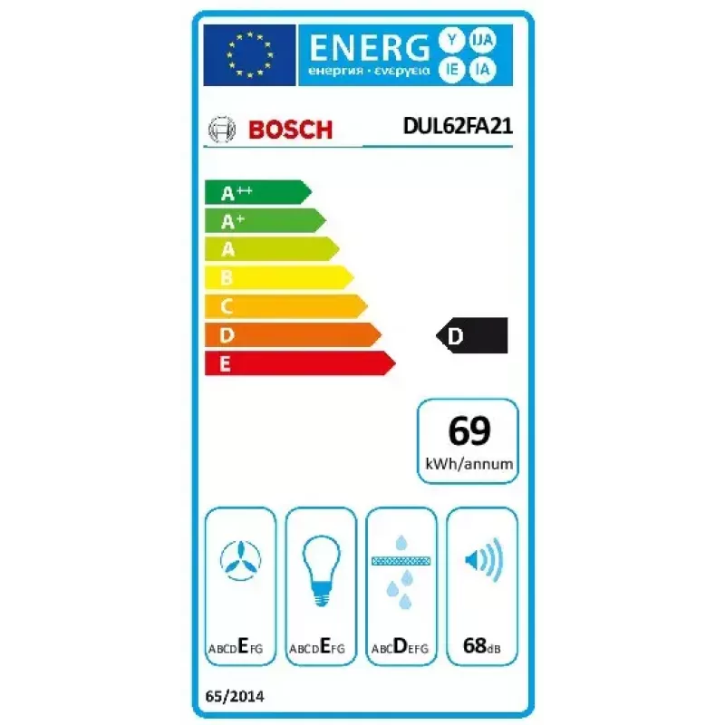 Sieninis gartraukis Bosch Serie 2 DUL62FA21, 600 mm, baltas, 3 greičiai, 250 m³/h, vilnonis filtras