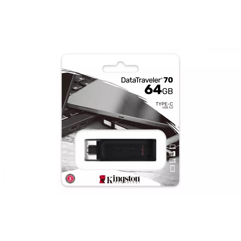 Kingston Technology DataTraveler 64GB USB-C 3.2 Gen 1 70, 64 GB, USB Type-C, 3.2 Gen 1 (3.1 Gen 1), Cap, 7 g, Juoda