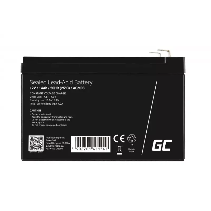 Įkraunama AGM sandari švino rūgšties baterija Green Cell AGM08 12 V 14000 mAh, 98×151×95 mm, 3.45 kg