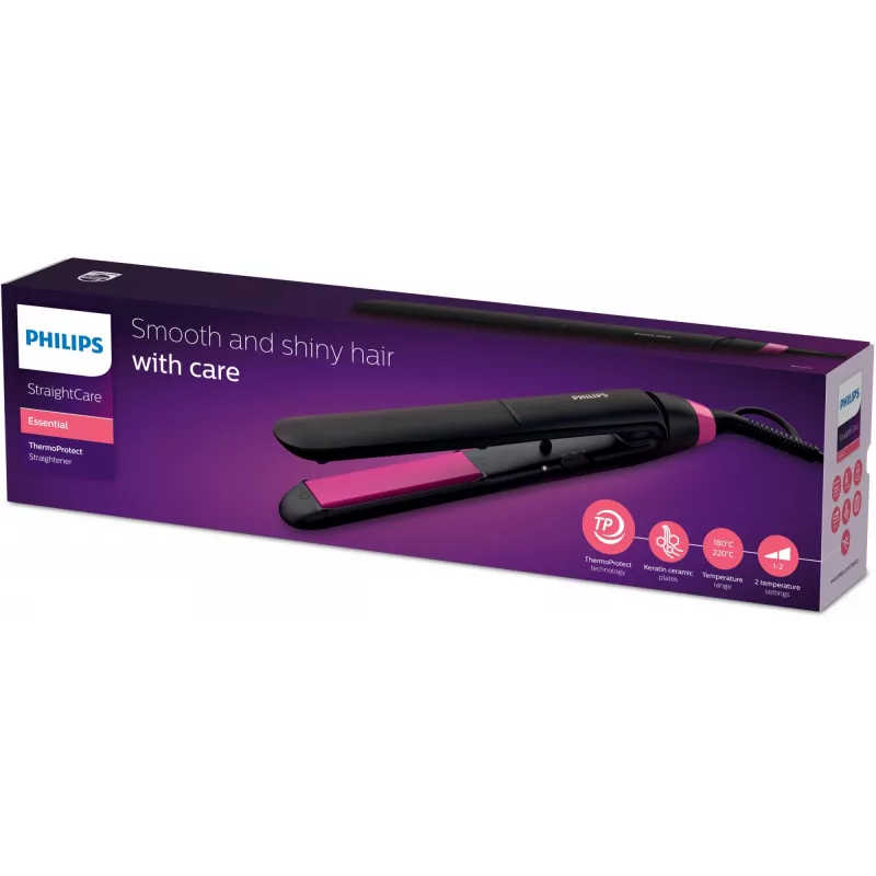 Tiesinimo šepetys Philips StraightCare Essential ThermoProtect BHS375/00 — keraminės plokštelės 28 mm, 2 šilumos lygiai, maks. 220°C