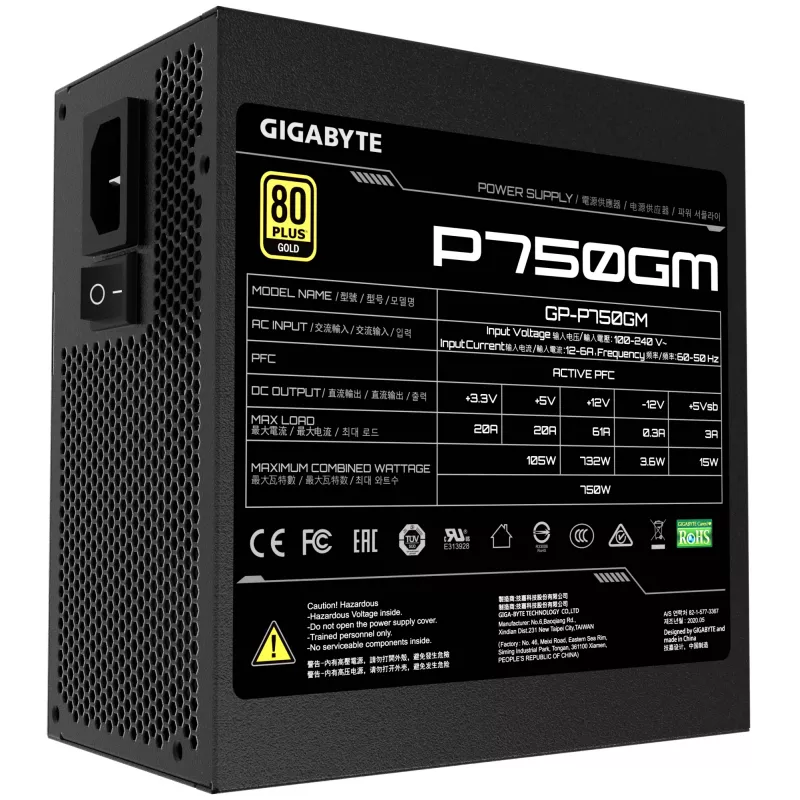 Gigabyte P750GM maitinimo blokas 750 vatų efektyvumas 80 PLUS GOLD, PFC aktyvus, MTBF 100000 valandų
