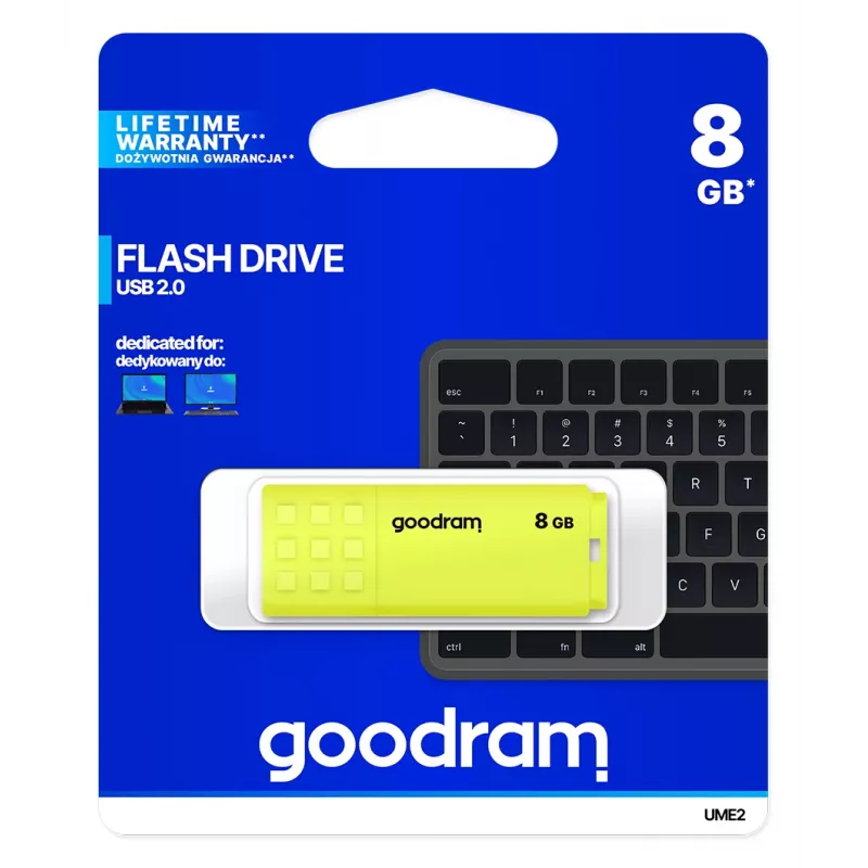 USB atmintukas GOODRAM UME2 8 GB USB 2.0 Type-A, geltonas, dangtelio dizainas