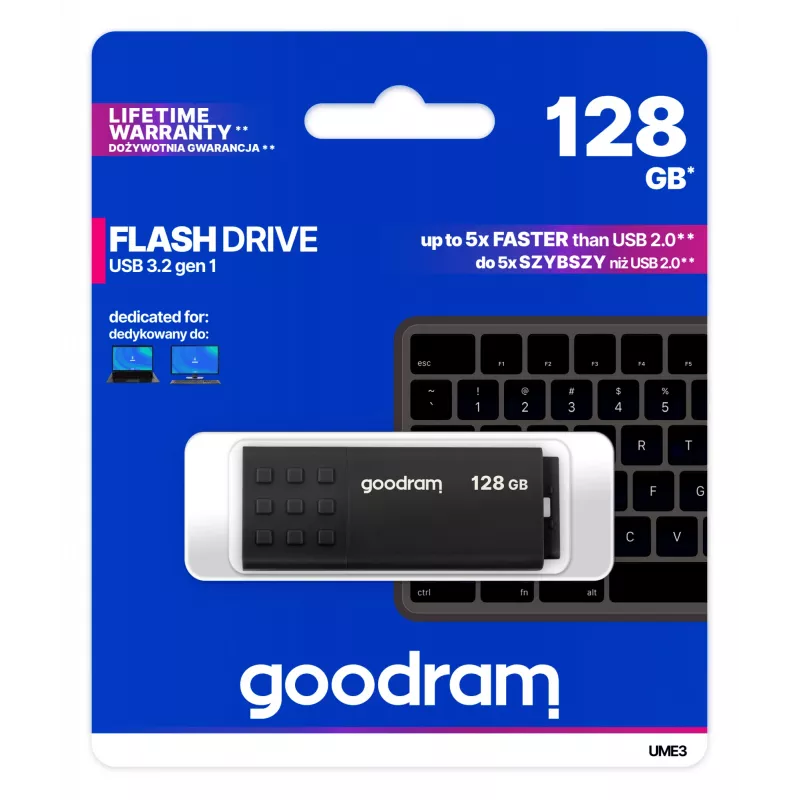 USB atmintinė GOODRAM UME3 128 GB USB Type-A 3.2 Gen 1 (juoda, 60 MB/s skaitymas, 20 MB/s rašymas)