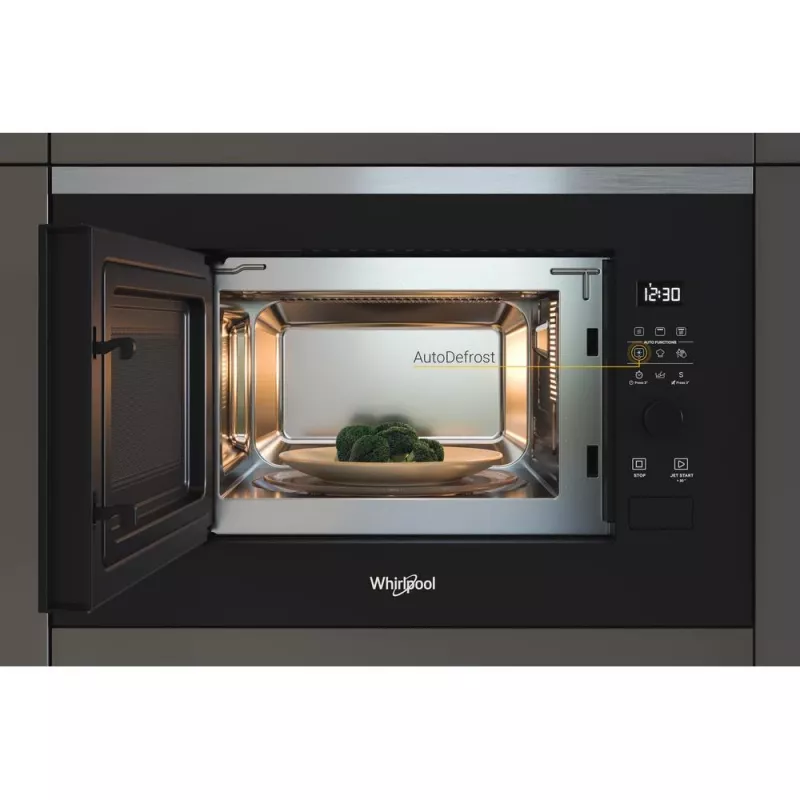 Mikrobangų krosnelė su griliu, įmontuojama WHIRLPOOL WMF201G, 800 W, 20 l, nerūdijantis plienas/juoda