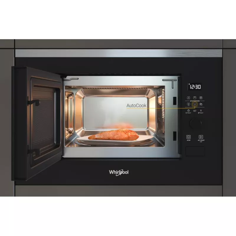 Mikrobangų krosnelė su griliu, įmontuojama WHIRLPOOL WMF201G, 800 W, 20 l, nerūdijantis plienas/juoda