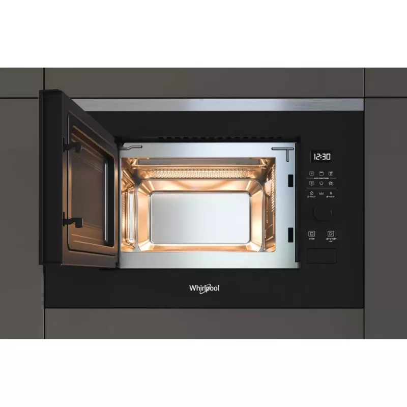 Mikrobangų krosnelė su griliu, įmontuojama WHIRLPOOL WMF201G, 800 W, 20 l, nerūdijantis plienas/juoda