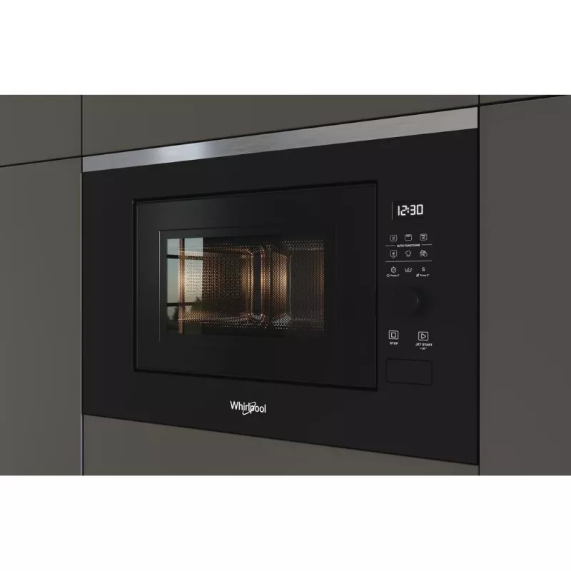 Mikrobangų krosnelė su griliu, įmontuojama WHIRLPOOL WMF201G, 800 W, 20 l, nerūdijantis plienas/juoda