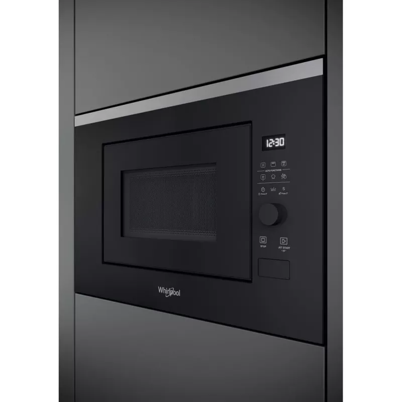 Mikrobangų krosnelė su griliu, įmontuojama WHIRLPOOL WMF201G, 800 W, 20 l, nerūdijantis plienas/juoda